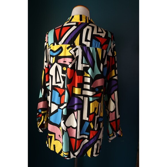 Big Dart 80s Style Colorful Geometric Pop Art Button Up Long Sleeve Color Block - Picture 9 of 11